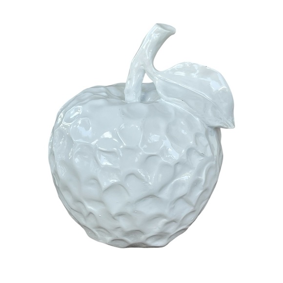 White Apple Stem w/Leaf Ceramic 3D Textured 6” Cottagecore Shabby Chic Farmhouse - Picture 4 of 5